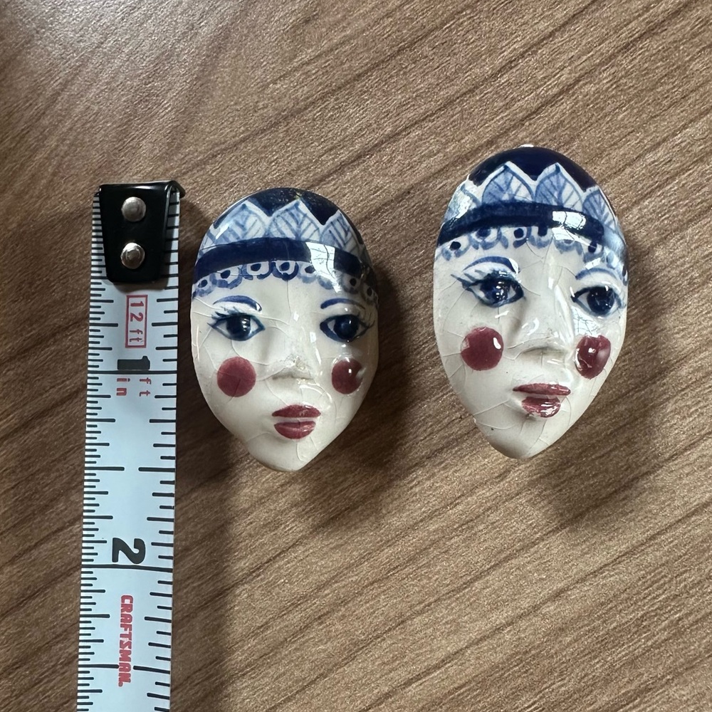 Vintage Ceramic Face Clip-On Earrings | Hand-Painted Whimsical Folk Art Jewelry - Picture 6 of 11